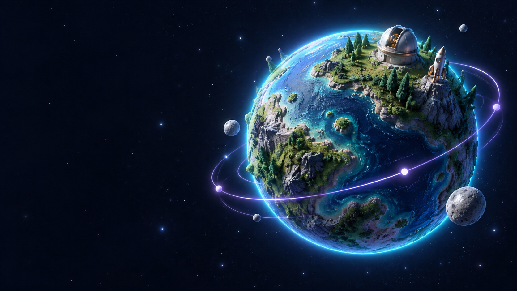 A blue learning Earth with an observatory, rocket and orbiting moon