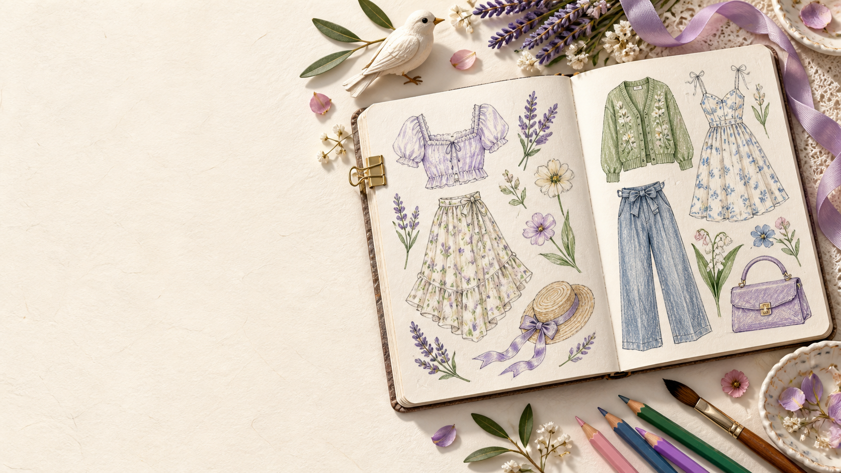Creative Sketchbook: an illustrated sketchbook, lavender ribbon, and art materials